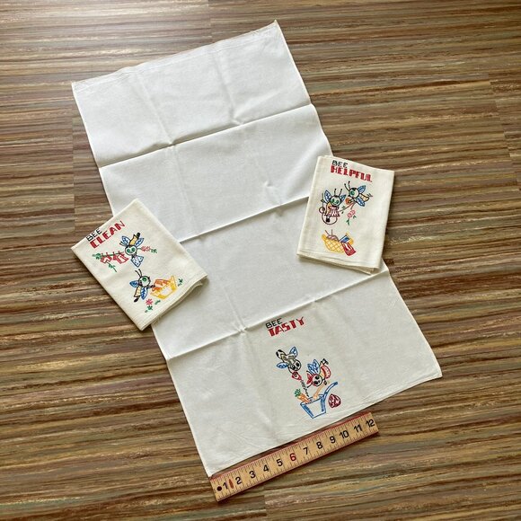 Bee Clean Helpful Tasty Kitchen Tea Towel Dish Cloth Vintage Set of 3 White - Picture 2 of 9